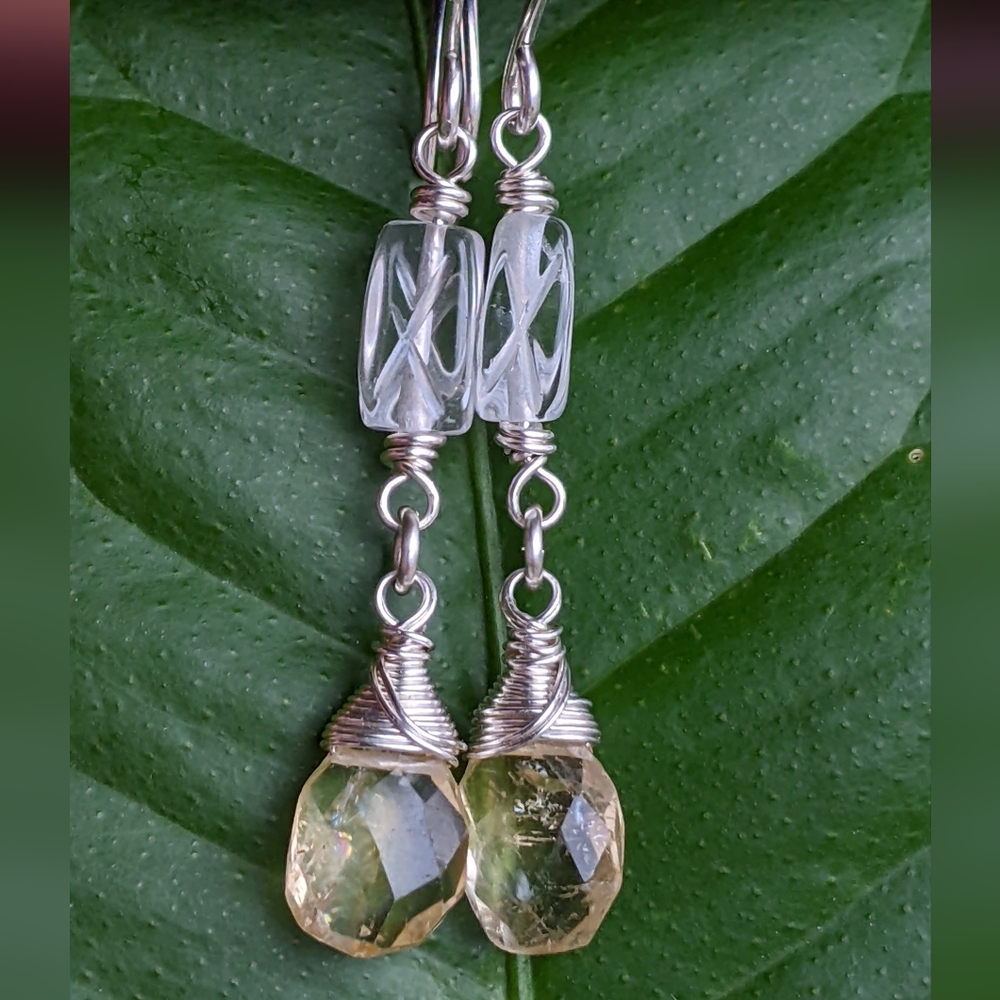Sterling Silver Citrine Drop Earrings With Carved Clear Quartz Gems